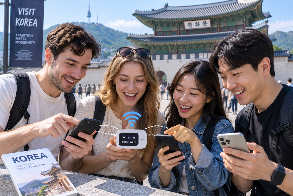 Travelers using a portable Wi-Fi device while exploring Seoul, South Korea