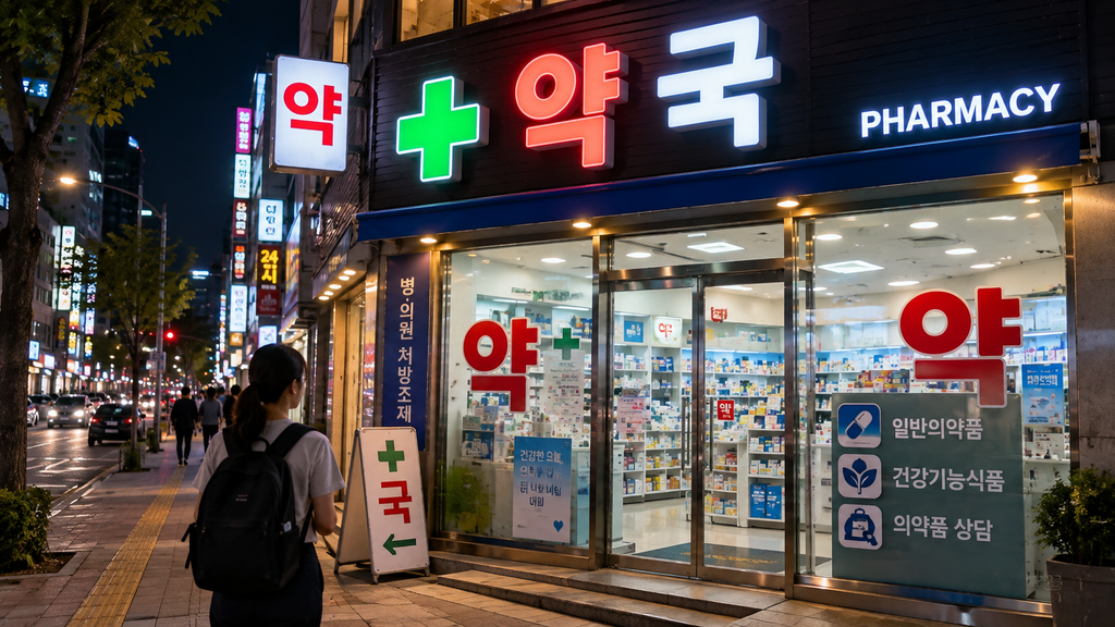 Tourist finding an open pharmacy at night in South Korea
