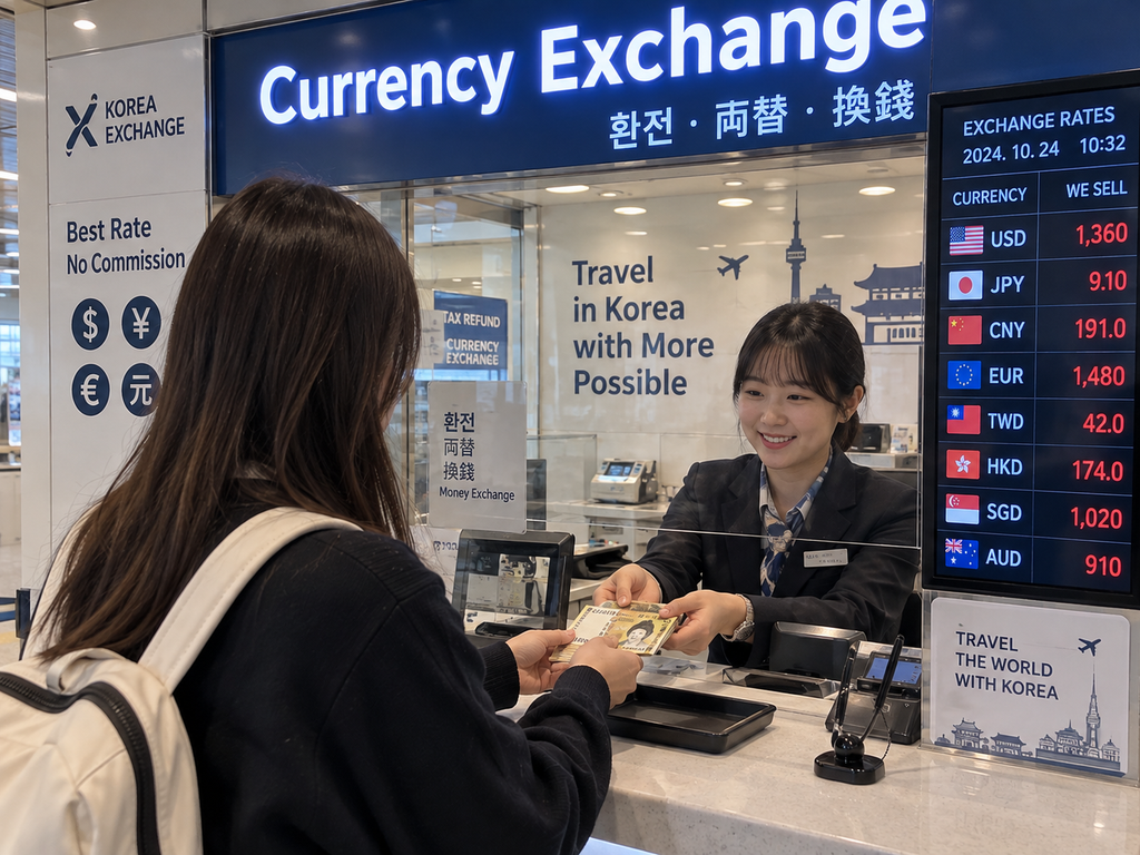 Tourist exchanging foreign currency for Korean won at a currency exchange counter in South Korea