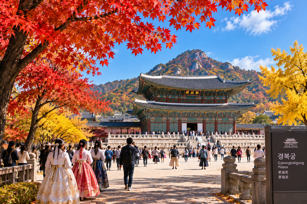 Gyeongbokgung Palace in Seoul with colorful autumn foliage