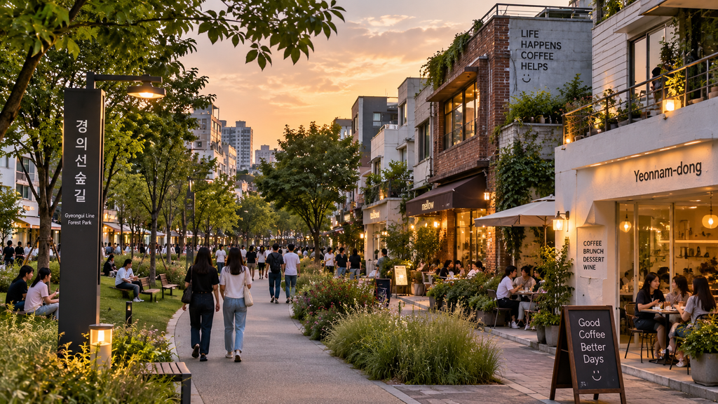 Gyeongui Line Forest Park with cafes and people walking in Yeonnam-dong, Seoul