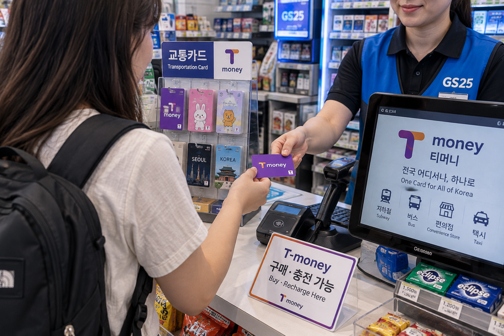 Traveler buying a T-money transportation card at a convenience store in Korea