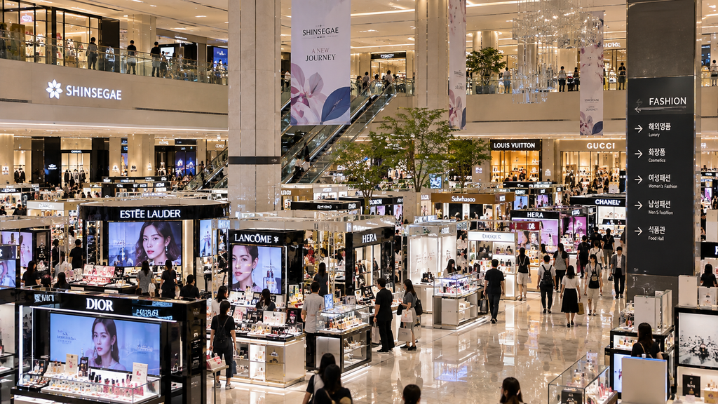 Korean department store interior with luxury fashion, cosmetics, beauty counters and shoppers in South Korea