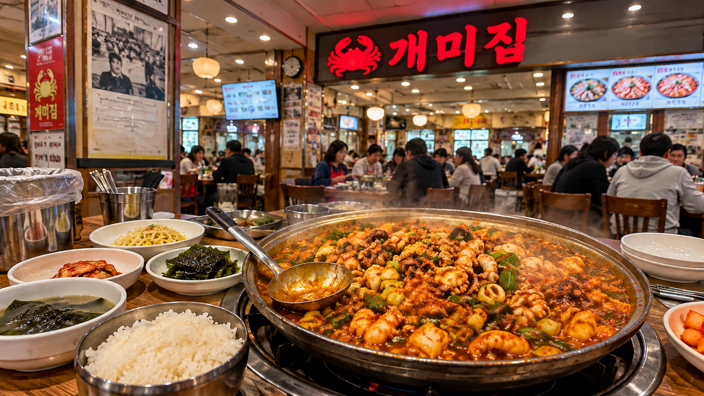 Spicy nakgopsae with octopus, beef intestines and shrimp at Gaemijip in Busan