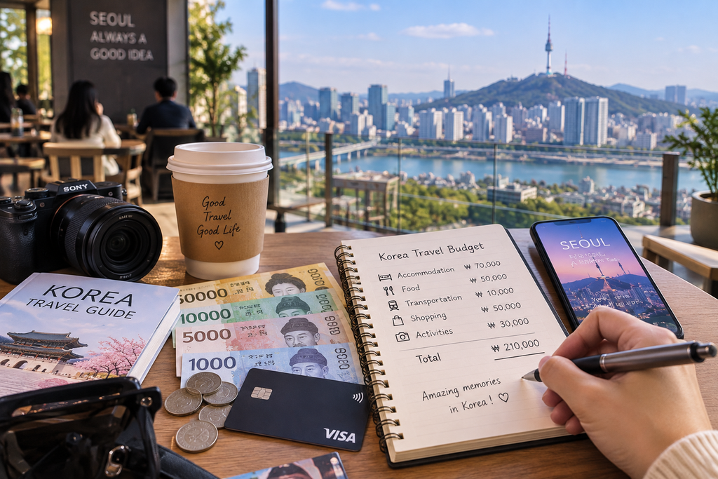 Traveler planning a daily Korea travel budget with Korean won and a credit card