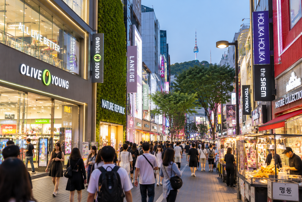 Myeongdong shopping street in Seoul with shops and visitors