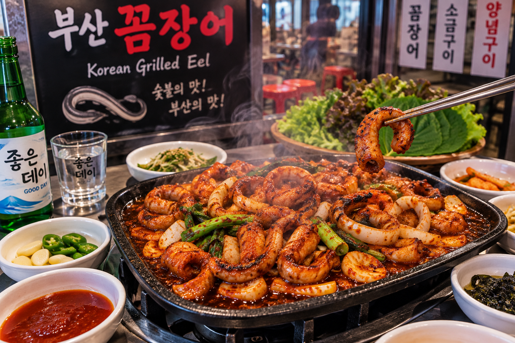 Korean kkomjangeo spicy grilled hagfish at a restaurant in Busan