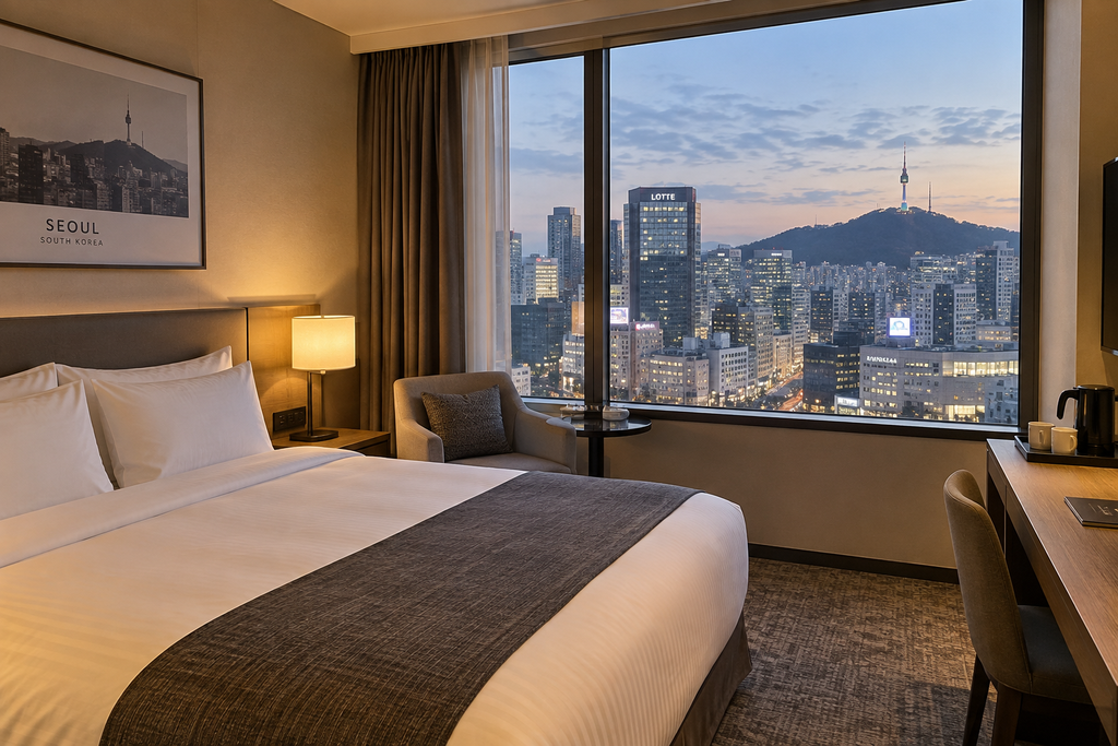 Modern hotel room in Seoul with a city skyline view
