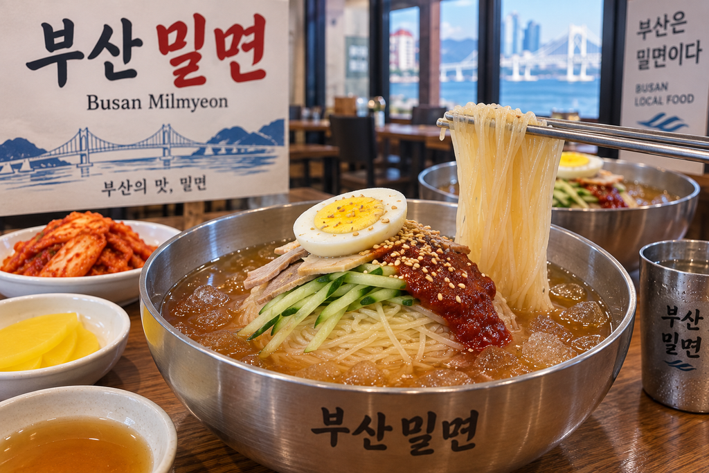 Busan milmyeon cold wheat noodles with sliced meat, cucumber, and egg