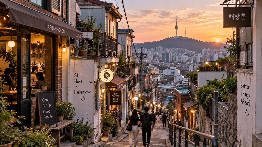 Haebangchon hillside street with cafes and views of N Seoul Tower at sunset