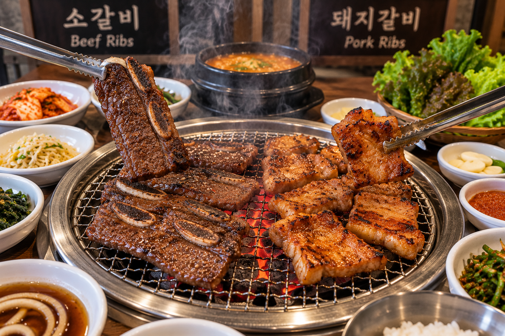 Korean galbi and dwaeji galbi beef and pork ribs grilled over charcoal