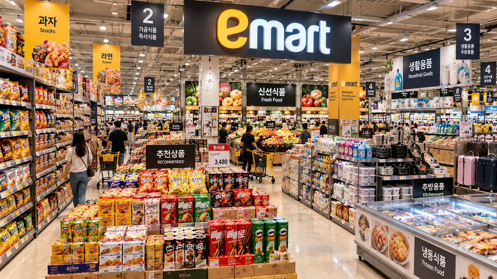 Emart supermarket in South Korea with Korean snacks, fresh food, household goods and kitchenware