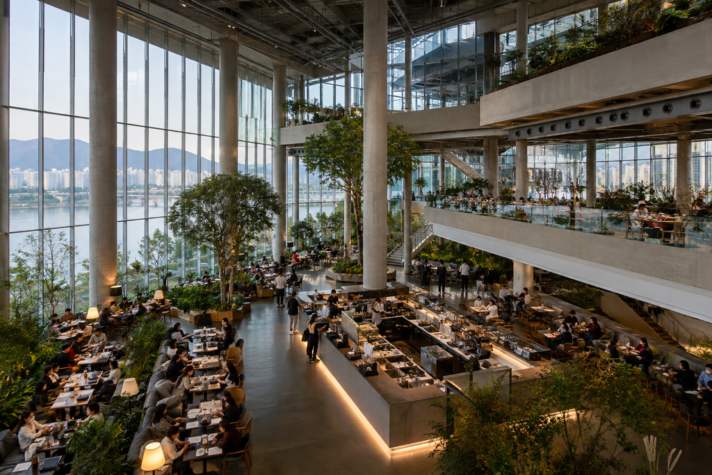 Large modern cafe in Seoul with spacious interior and panoramic city views