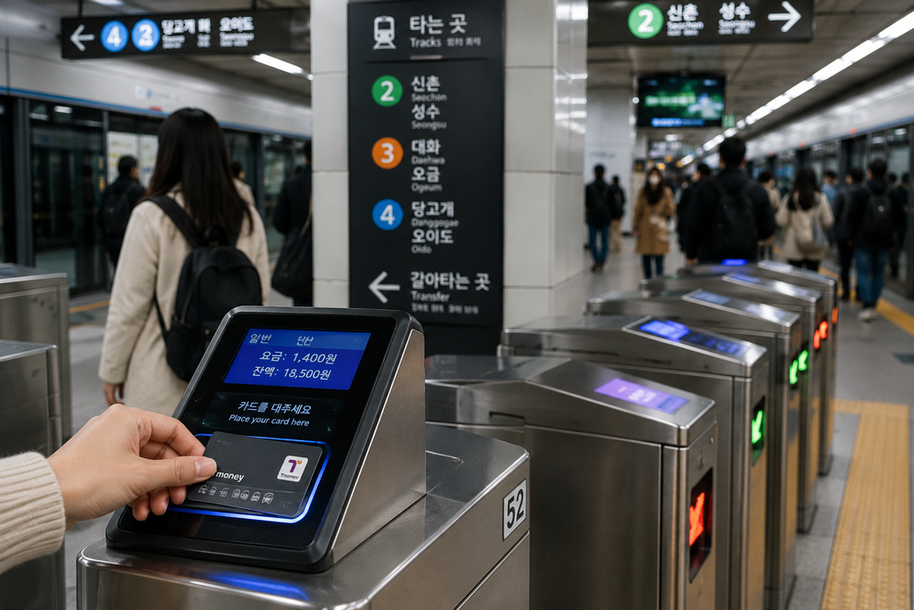 Traveler using a T-money card at a Seoul subway station