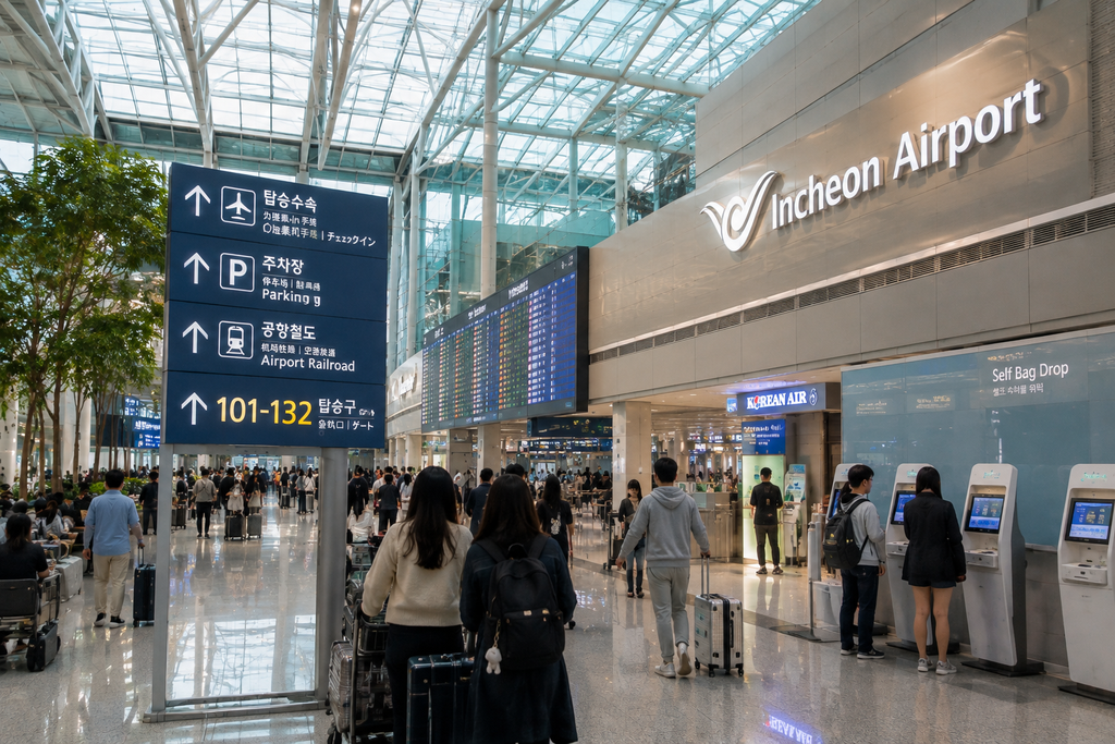 Travelers inside Incheon International Airport in South Korea