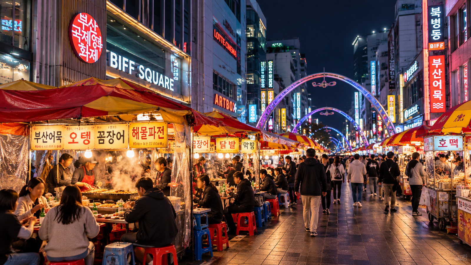 Street food stalls and outdoor dining in BIFF Square, Busan