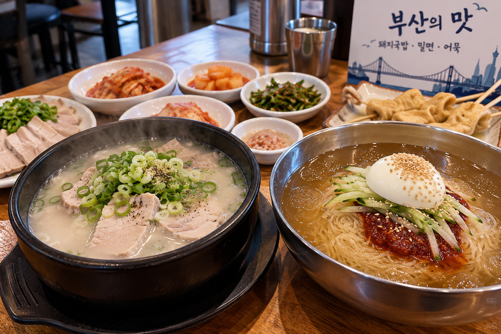 Dwaeji gukbap and milmyeon, traditional Busan foods