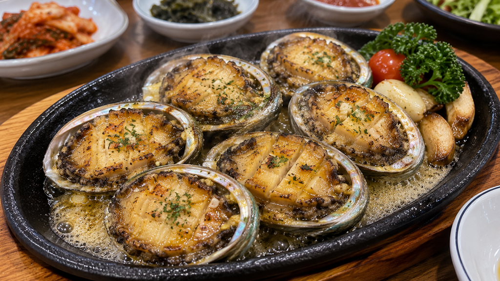 Butter-grilled abalone served on a sizzling plate in Jeju