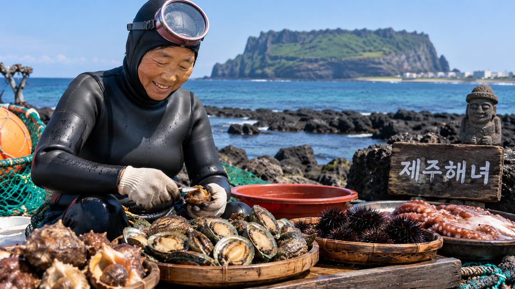 Fresh Jeju seafood with abalone, octopus, and shellfish by the coast