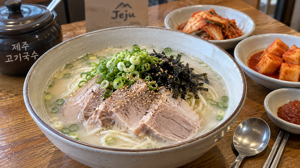 Jeju gogi-guksu pork noodles with sliced pork and green onions
