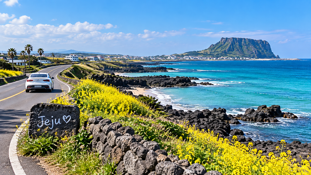 Scenic coastal road with blue ocean and yellow flowers in Jeju Island