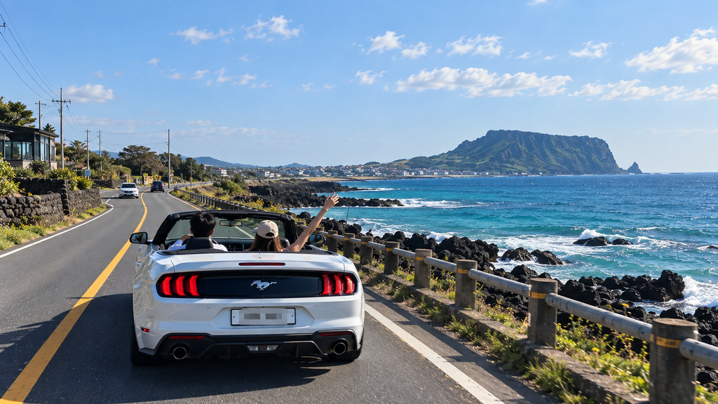 Convertible rental car driving along a coastal road in Jeju Island