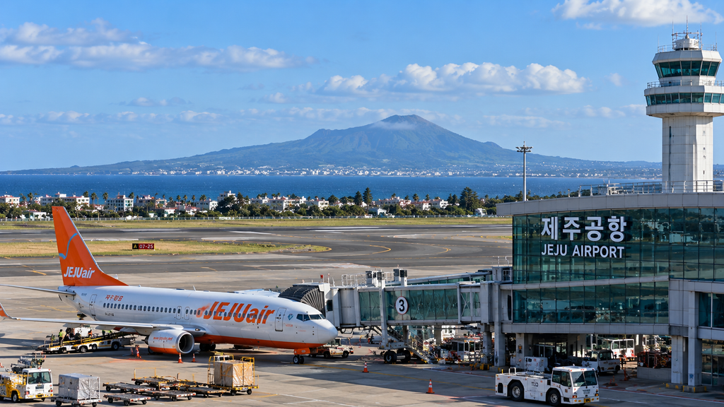 Jeju International Airport with airplane and Hallasan Mountain in the background