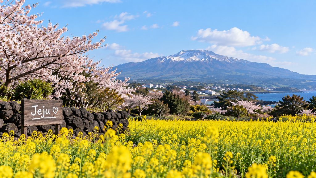 Spring in Jeju with yellow canola flowers, cherry blossoms, and Hallasan Mountain