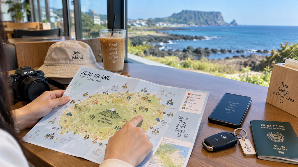 Traveler planning a Jeju Island trip with a map, smartphone, and rental car keys