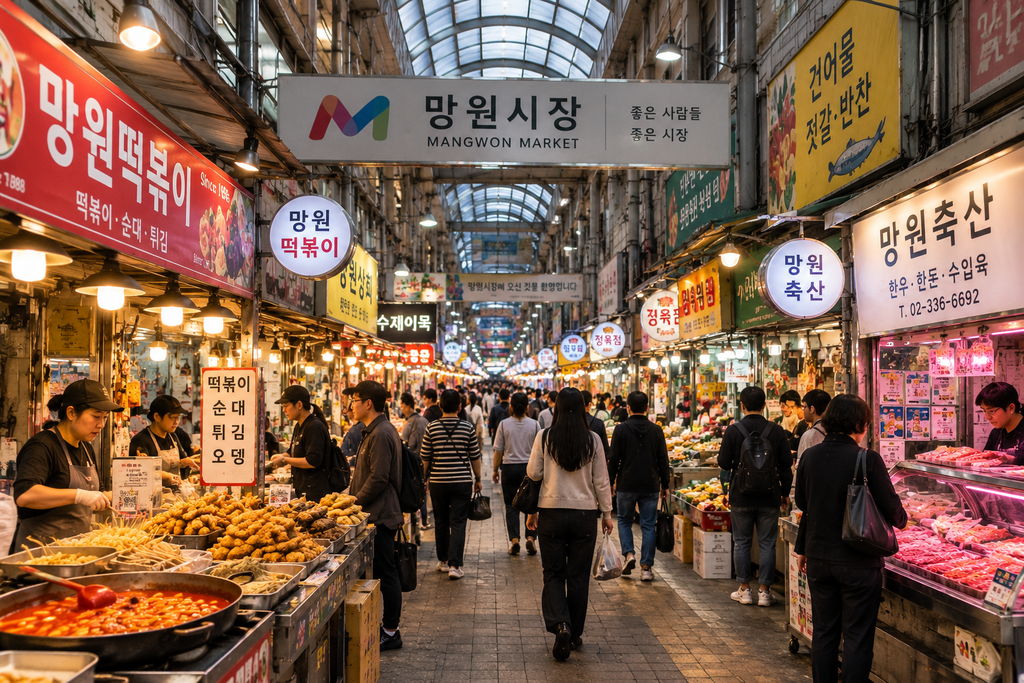 Inside Mangwon Market with local food stalls and everyday shoppers in Seoul