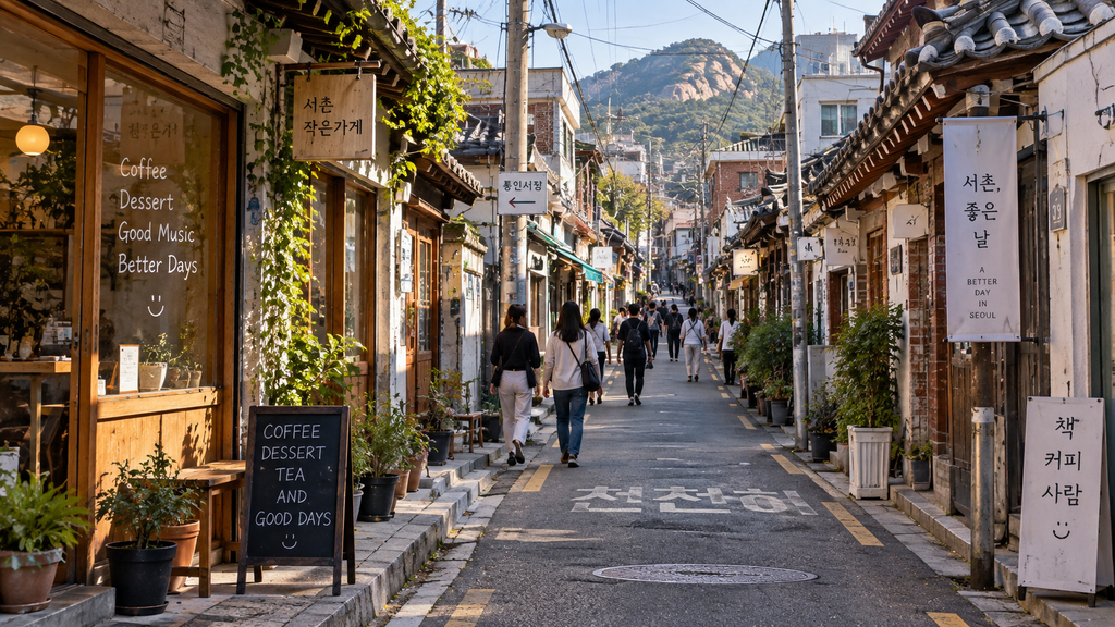 Seochon alley with hanok houses, small cafes, and Inwangsan Mountain in Seoul