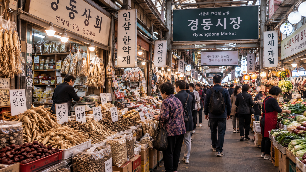 Gyeongdong Market with medicinal herbs, fresh produce, and local shoppers in Seoul
