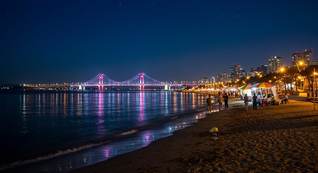 Gwangandaegyo Bridge at night from Gwangalli Beach in Busan