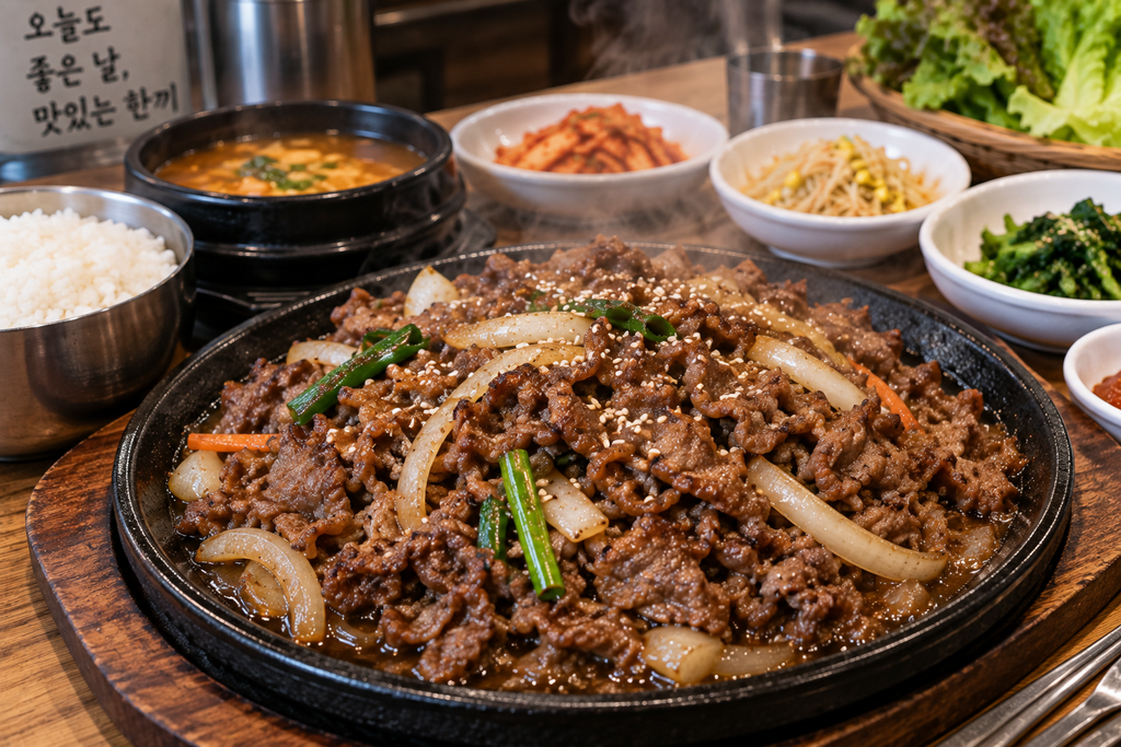 Korean bulbaek grilled pork set meal with rice and side dishes