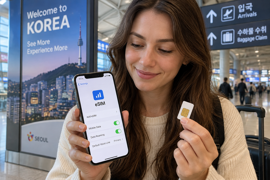 Tourist comparing a physical SIM card and eSIM at an airport in South Korea