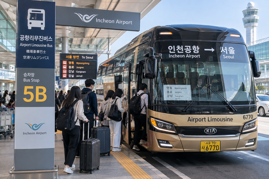 Travelers boarding an airport limousine bus from Incheon International Airport to Seoul