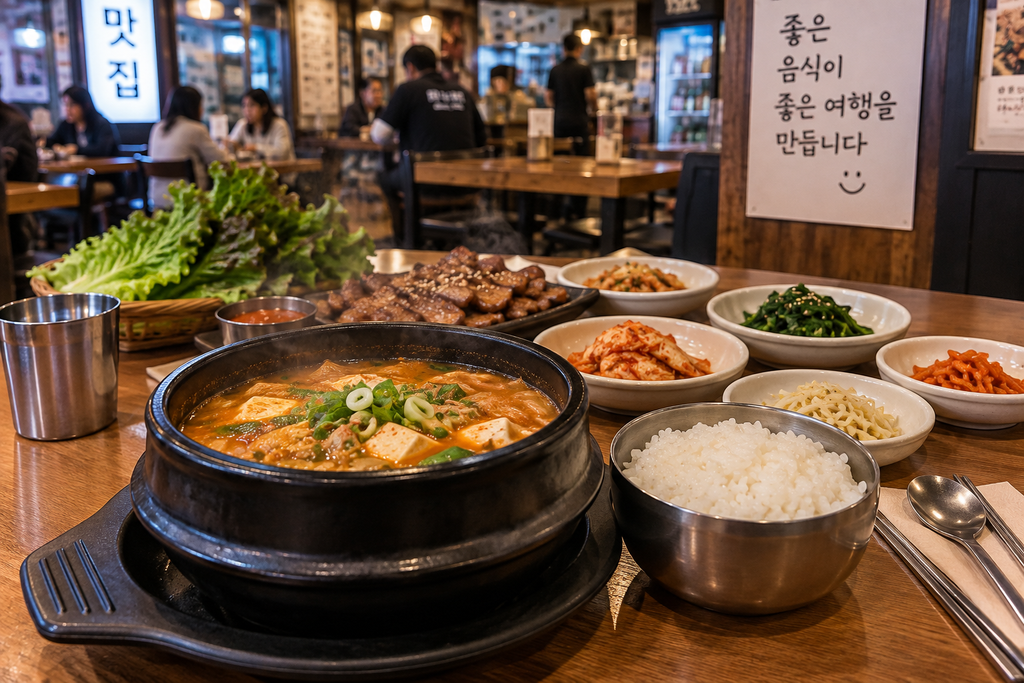 Traditional Korean meal with rice, stew, grilled meat and side dishes