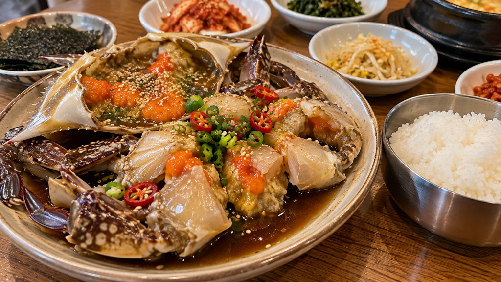 Soy-marinated crab with rice and Korean side dishes at Gebangsikdang Seongsu in Seoul