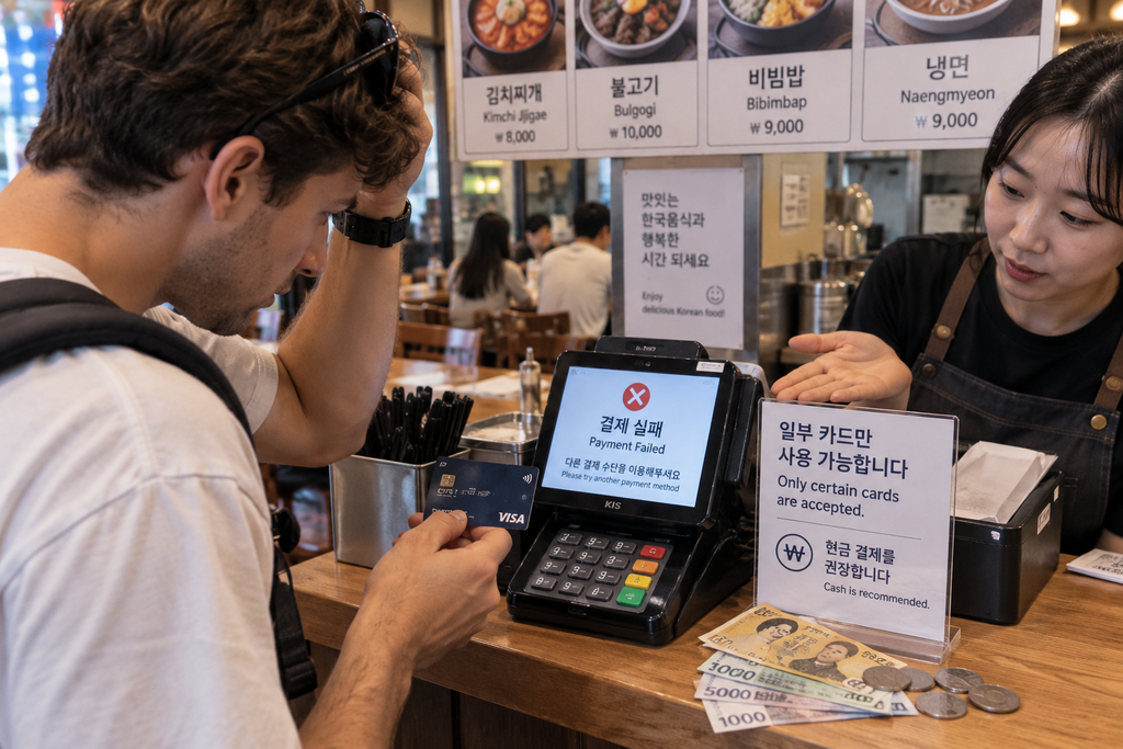 Traveler experiencing a foreign credit card payment failure at a local restaurant in South Korea