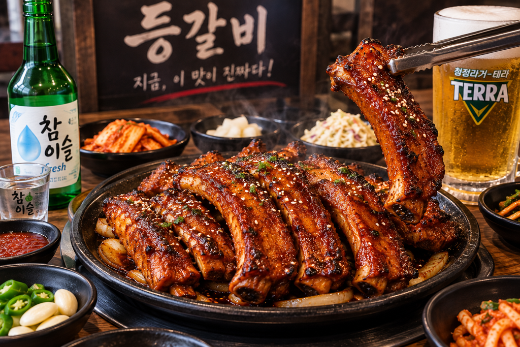 Korean deunggalbi spicy grilled pork back ribs with sesame seeds