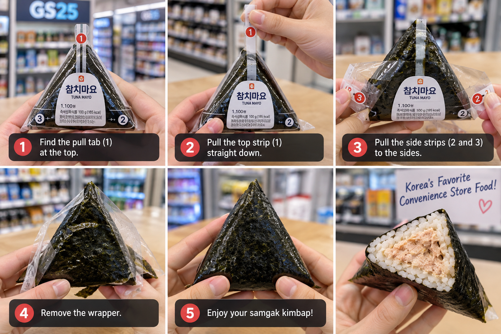 Step-by-step guide to opening triangle kimbap at a Korean convenience store