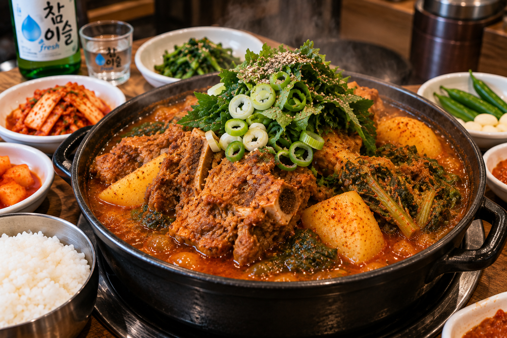 Korean gamjatang spicy pork bone stew with potatoes and perilla leaves