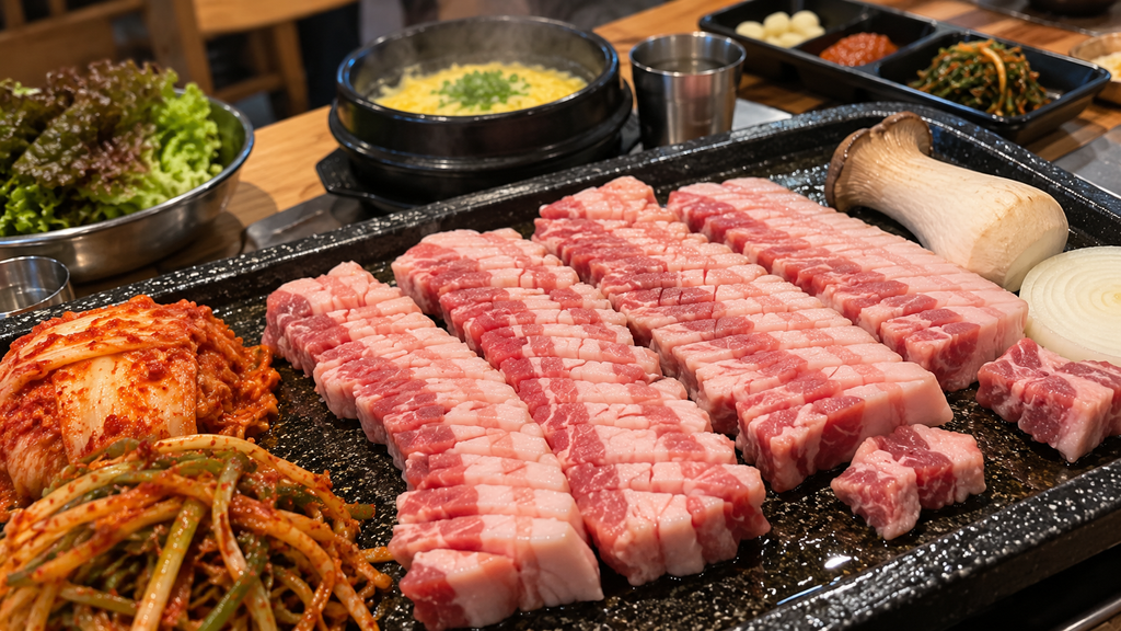 Thick cross-cut pork belly ready to grill at Jewon Kaljip in Jeju City