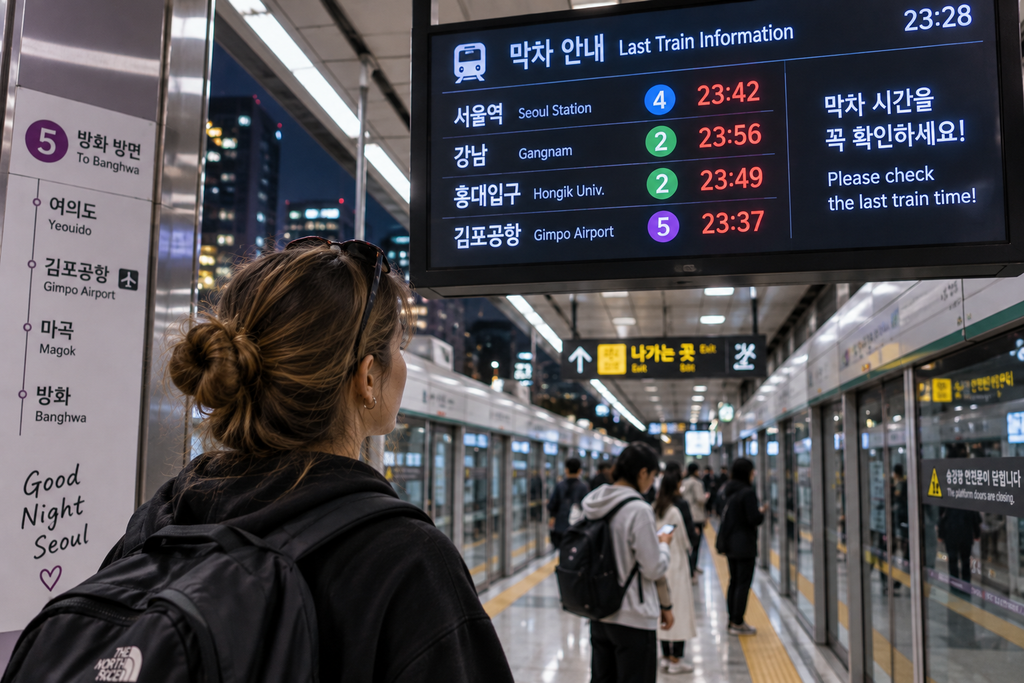 Traveler checking the last train time at a Seoul subway station at night