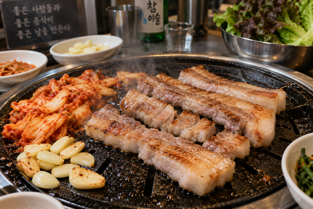 Korean samgyeopsal grilled pork belly with kimchi and garlic