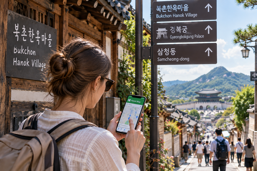 Traveler using Naver Map while exploring Bukchon Hanok Village in Seoul