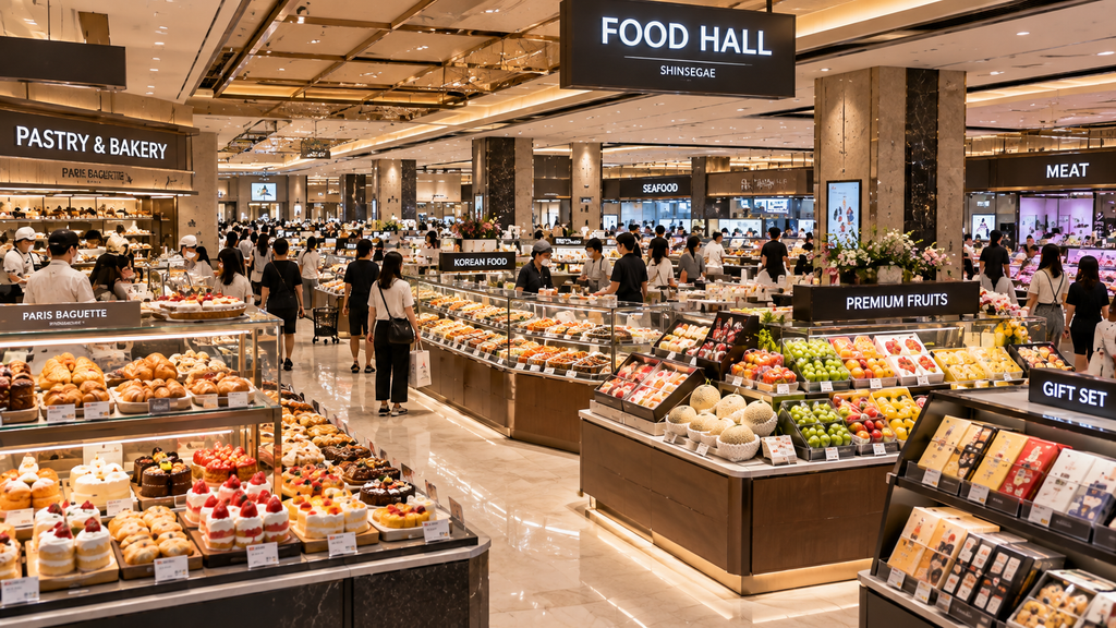 Korean department store food hall with bakery, desserts, Korean food, premium fruit and gift sets