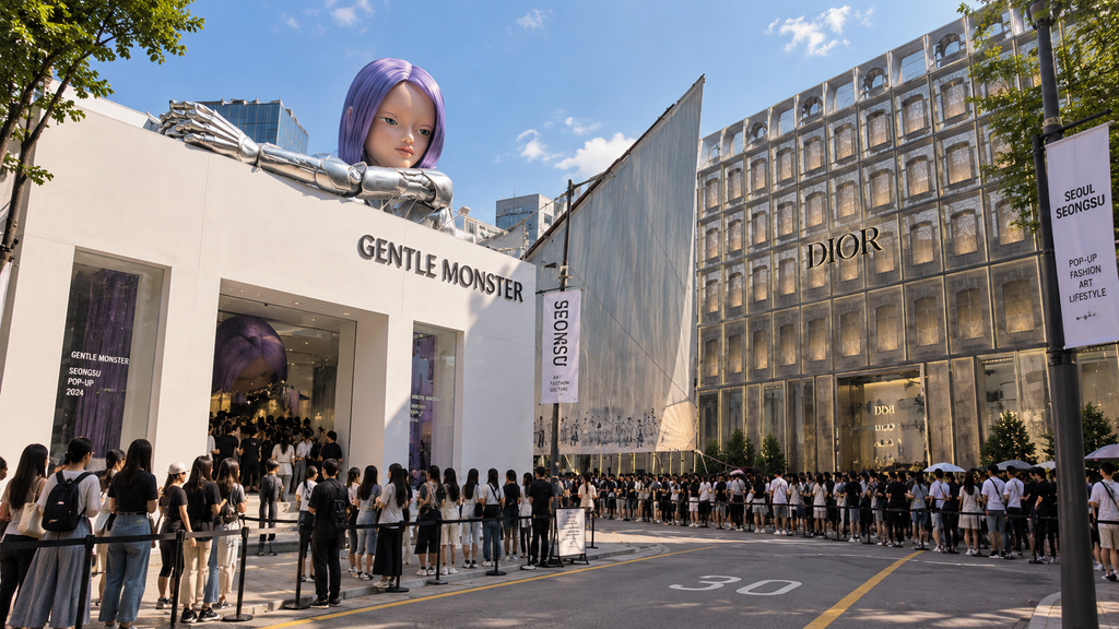 Crowds waiting outside Gentle Monster and Dior stores in Seongsu-dong, Seoul