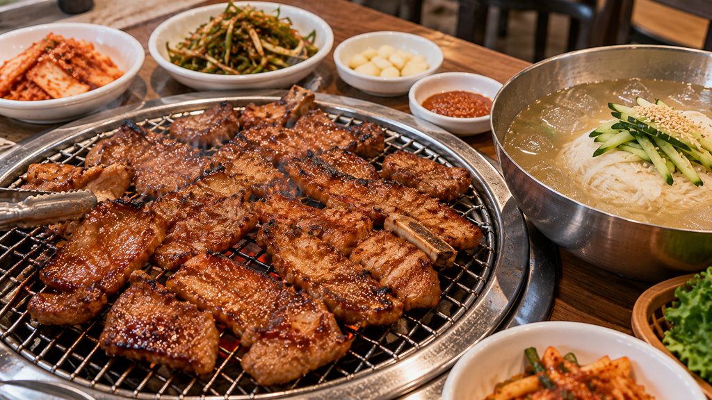 Grilled marinated pork ribs with cold noodles and Korean side dishes at Original Jobakjip in Mapo, Seoul