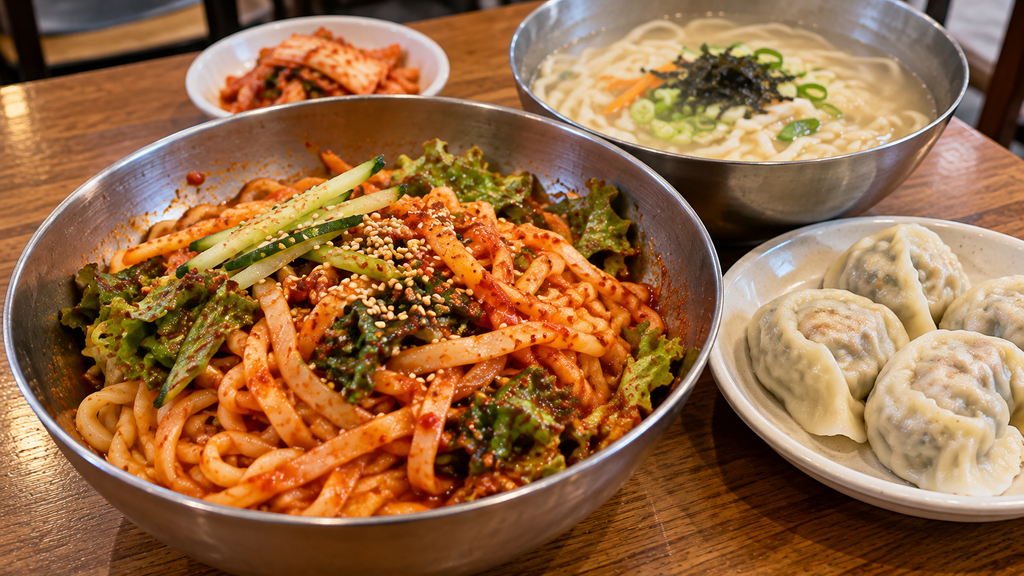 Kal-bibim-guksu with kalguksu and mandu at Youngil Bunsik in Mullae, Seoul